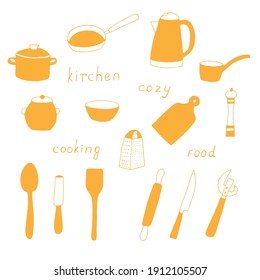 Set von Küchenutensilien zum Kochen, Vektorgrafik zur Doodle, orangefarbene