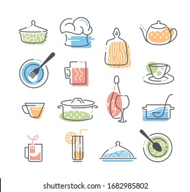 Set of kitchen utensils and cookware icons. 