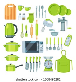 Set of kitchen utensils, cookware. Kitchenware instruments, accessories, kitchen tools collection, equipment for cooking, measuring weight, eating. Household cartoon vector illustration isolated.