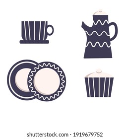 A set of kitchen utensils - a cup, saucer, plate, milk jug, sugar bowl. dark colored tableware with a pattern. Vector illustration in glossy style isolated on white background