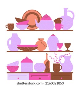 Set of kitchen utensils, cute flat vector illustration. Collection of bowls, plates, vases, dishes, cup, teapot and jug