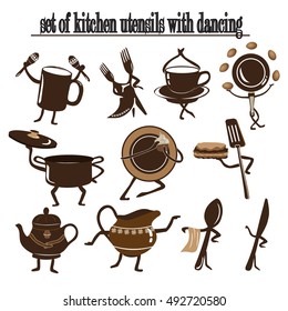 set of kitchen utensils with dancing and  moves