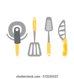 Set Of Kitchen Utensils And Different Knives Primitive Cartoon Icon, Part Of Pizza Cafe Series Of Clipart Illustrations