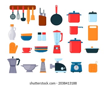 A set of kitchen utensils, dishes, kitchen equipment, cutlery, a meat grinder, pots, plates, a kettle. Vector illustration.