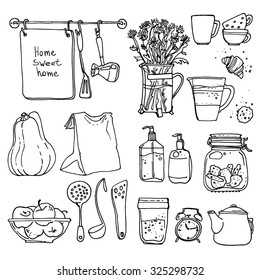 A set of kitchen utensils, dishes, flowers, jars, pumpkin. Vector sketch black line