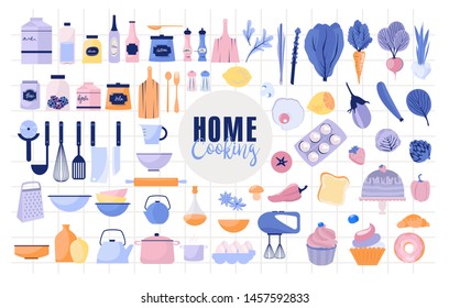 Set of Kitchen utensils, dishes, pots, pans, knives, blender, vegetables and meals. Treny Modern flat icons set, graphic elements for website, web banner, posters. Editable vector illustration 