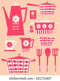A set of kitchen utensils and dishware in retro style.