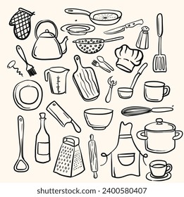 Big set kitchen utensils and supplies cartoon Vector Image