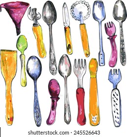 set of kitchen utensils drawing by watercolor and ink, hand drawn vector illustration