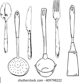 Set of kitchen utensils drawn by ink on white background. Hand drawn vector illustration.