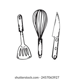 A set of kitchen utensils drawn in vector. Beating whisk, meat spatula, kitchen knife. All objects are drawn in vector on a white background. Suitable for kitchen design, fabric, tableware.