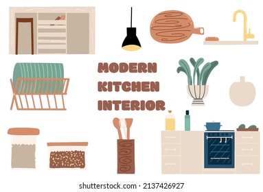 Conjunto de utensilios de cocina, elementos de diseño moderno. Ilustración vectorial en estilo plano