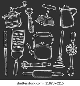 Set of kitchen utensils, engraving isolated on black vector illustration