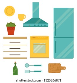 Set of Kitchen utensils. Flat kitchen interior. Vector illustration.