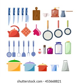 A set of kitchen utensils in a flat style. Vector graphics.