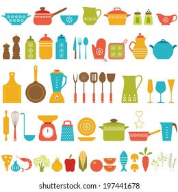 Set of kitchen utensils and food for cooking.