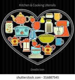 Set of kitchen utensils and food. Cookware, home cooking background. Kitchenware. Modern design. Vector illustration.