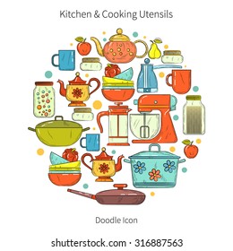 Set of kitchen utensils and food. Cookware, home cooking background. Kitchenware. Modern design. Vector illustration.