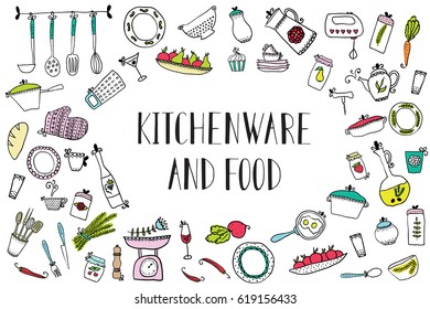 set of kitchen utensils and food. Design elements of kitchen. Kitchenware.