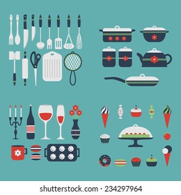 Set of kitchen utensils and food, isolated objects. Cookware, home cooking background. Kitchenware icons. Modern design. Vector illustration.