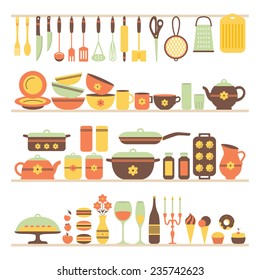 Set of kitchen utensils and food, isolated objects. Background for a cookbook. Space for text, prescriptions. Cookware, home cooking background. Kitchenware icons. Modern design. Vector illustration.