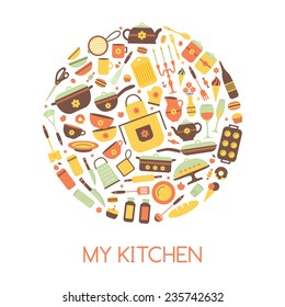 Set of kitchen utensils and food, isolated objects. Background for a cookbook. Space for text, prescriptions. Cookware, home cooking background. Kitchenware icons. Modern design. Vector illustration.