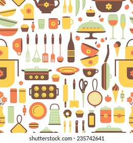 Set of kitchen utensils and food, isolated objects. Background for a cookbook. Space for text, prescriptions. Cookware, home cooking background. Kitchenware icons. Modern design. Vector illustration.