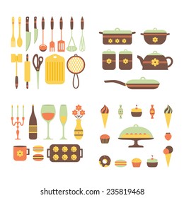 Set of kitchen utensils and food, isolated objects. Background for a cookbook. Space for text, prescriptions. Cookware, home cooking background. Kitchenware icons. Modern design. Vector illustration.