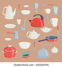 Set of kitchen utensils food kitchenware cooking battery domestic tableware vector illustration