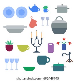 Set of kitchen utensils food kitchenware cooking battery domestic tableware vector illustration