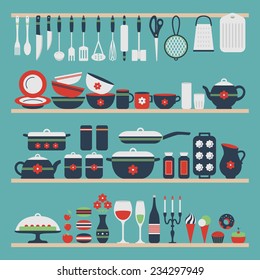 Set of kitchen utensils and food, objects on shelves. Cookware, home cooking background. Kitchenware. Modern design. Vector illustration.