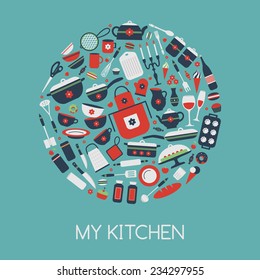 Set of kitchen utensils and food, objects in circle. Cookware, home cooking background. Kitchenware icons. Modern design. Vector illustration.