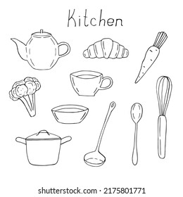 Conjunto de utensilios de cocina e ilustración de los vectores alimentarios, doodles de dibujo manual