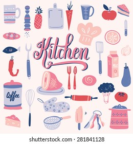 The set of kitchen utensils and food for your design. Retro style and colors. Cooking background.