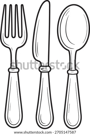 set of kitchen utensils, fork, knife, spoon