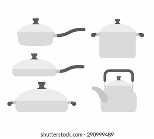 Set  kitchen utensils: frying pan and saucepan. Tea and roaster. Kitchen tools vector illustration