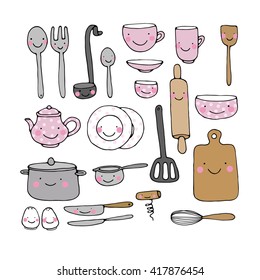 A set of kitchen utensils. 
Hand drawing isolated objects on white background. Vector illustration. 