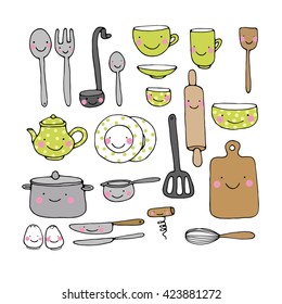 A set of kitchen utensils. Hand drawing isolated objects on white background. Vector illustration. 