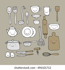 A set of kitchen utensils. Hand drawing isolated objects on white background. Vector illustration. 