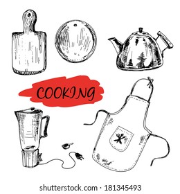 Set of kitchen utensils Hand drawn illustrations