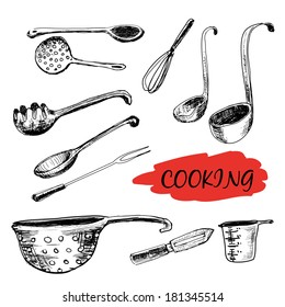 Set of kitchen utensils. Hand drawn illustrations