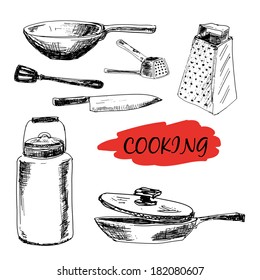 Set of kitchen utensils. Hand drawn illustrations