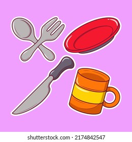Set of Kitchen Utensils Hand Drawn Cartoon Sticker Doodle Icon