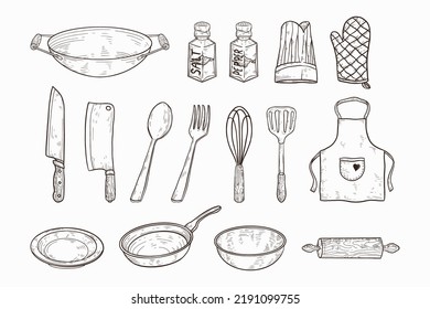 Juego de utensilios de cocina Ilustración dibujada a mano