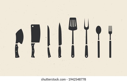 Set of kitchen utensils. Hand-forged cleaver, cleaver, boning, carving knives, spatula, carving fork, spoon, and fork icons. Set of kitchenware icons for restaurants, kitchens. Vector illustration  