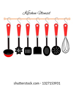 Set of kitchen utensils hanging on the plastic bar. Illustration.