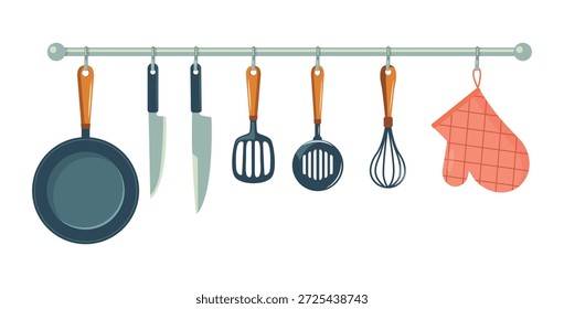 Un juego de utensilios de cocina colgando de un estante metálico. Ilustración vectorial sobre fondo blanco.