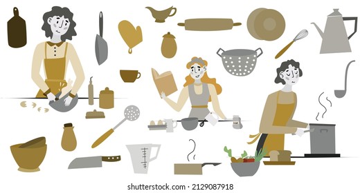 Set of kitchen utensils for home cooking and tools for food presentation. Household elements vector set.