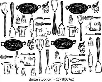 Set of kitchen utensils icon in doodle design style 