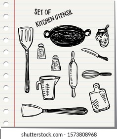 Set of kitchen utensils icon in doodle design style 